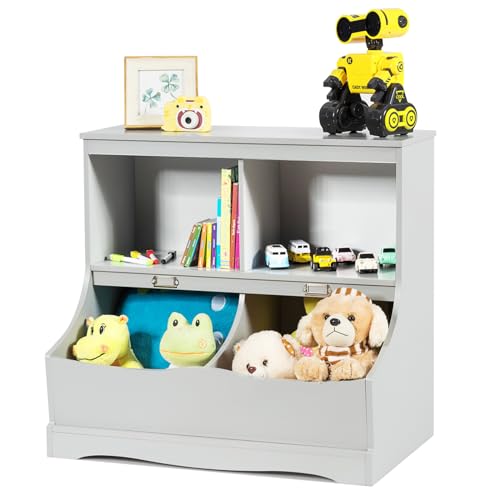 KOMFOTTEU Kinderregal mit 2 Fächern & 2 Aufbewahrungsboxen, Spielzeugregal aus Holz, Aufbewahrungsregal für Spielzeug und Bücher, Bücherregal, 67 x 40 x 62 cm (Grau) von KOMFOTTEU