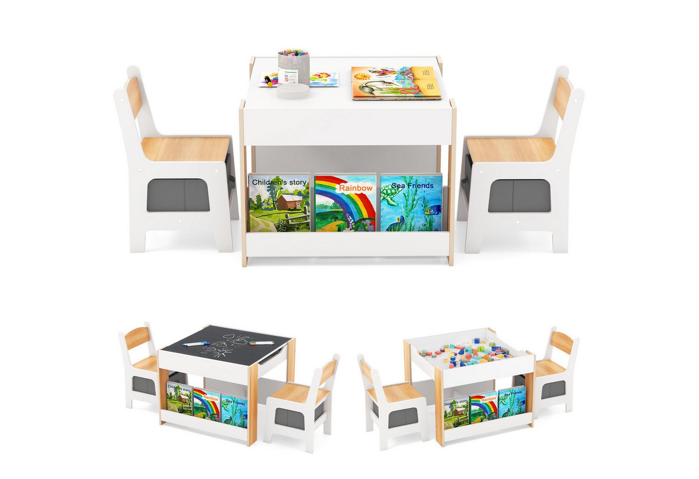 KOMFOTTEU Kindersitzgruppe, (3-tlg), mit beidseitiger Tischplatte & Seitenregalen & 2 Stoffboxen von KOMFOTTEU
