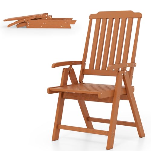 KOMFOTTEU Klappstuhl aus HDPE, Gartenstuhl mit Armlehnen, gebogener Rückenlehne & Lattensitz, Balkonstuhl bis 150 kg belastbar, Terrassenstuhl für Esszimmer, Balkon, Hof (Braun) von KOMFOTTEU