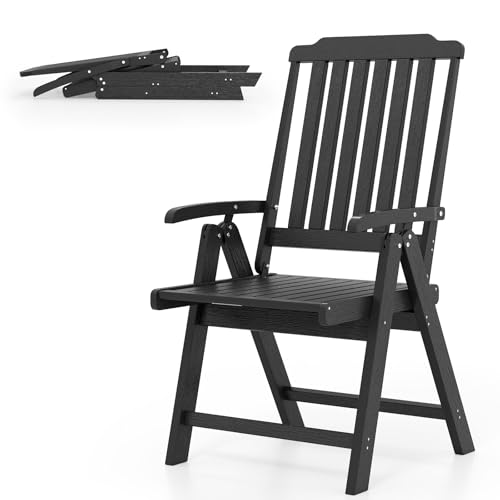KOMFOTTEU Klappstuhl aus HDPE, Gartenstuhl mit Armlehnen, gebogener Rückenlehne & Lattensitz, Balkonstuhl bis 150 kg belastbar, Terrassenstuhl für Esszimmer, Balkon, Hof (Schwarz) von KOMFOTTEU