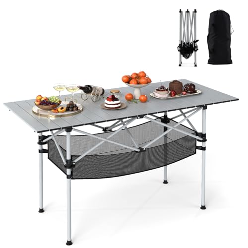 KOMFOTTEU Klapptisch aus Aluminium, tragbarer Campingtisch mit Wickelplatte, Netzkorb und Tragetasche, platzsparender Picknicktisch für Camping, Garten, 119 x 55 x 69 cm (Silber) von KOMFOTTEU