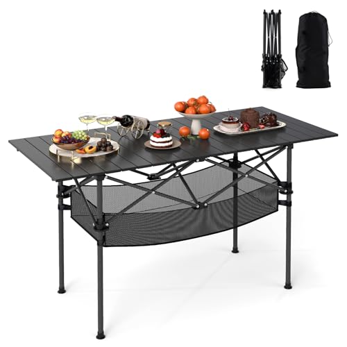 KOMFOTTEU Klapptisch aus Aluminium, tragbarer Campingtisch mit Wickelplatte, Netzkorb und Tragetasche, platzsparender Picknicktisch für den Außenbereich, 119 x 55 x 69 cm (schwarz) von KOMFOTTEU