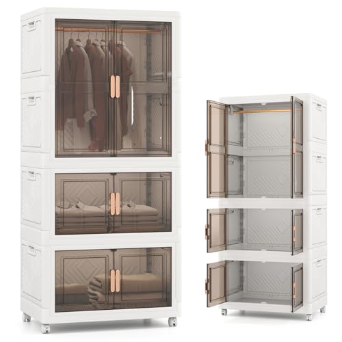 KOMFOTTEU Kleiderschrank mit 2 feststellbaren Rollen, Aufbewahrungsbox aus Kunststoff, mobiler Aufbewahrungsturm mit 10 Kleiderbügeln, 71 x 46 x 156 cm von KOMFOTTEU