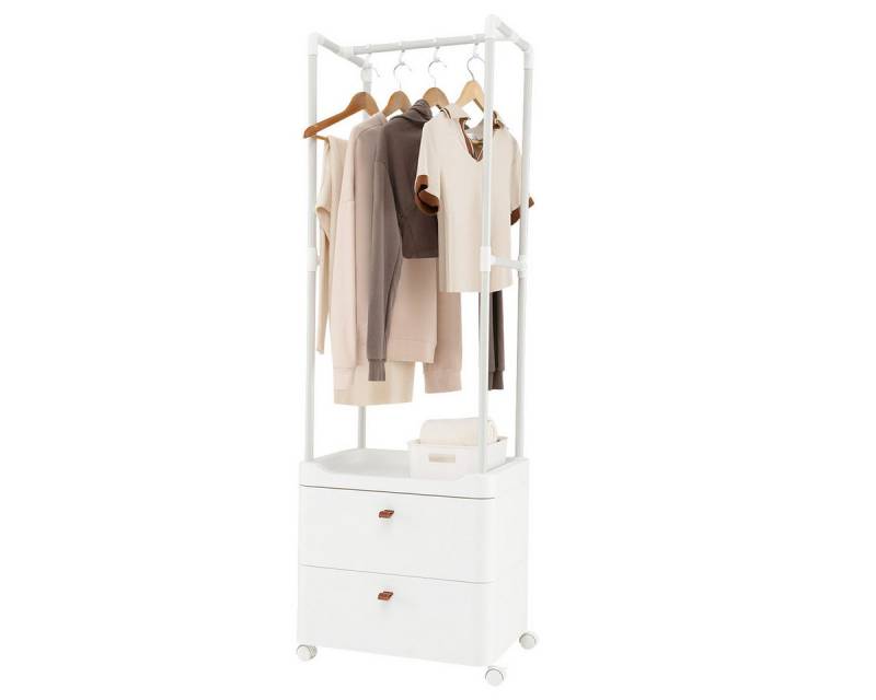 KOMFOTTEU Kleiderständer, Kleiderschrank mit Rollen, 2 Schubladen, 4 Haken von KOMFOTTEU