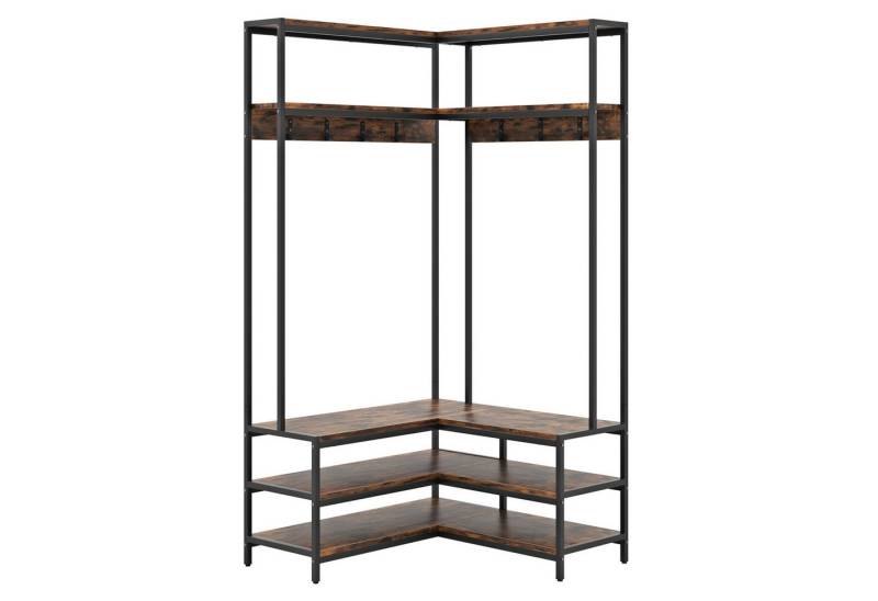 KOMFOTTEU Kleiderständer, L-förmiger Garderobenständer mit Sitzbank, 7 Haken & Ablageflächen von KOMFOTTEU