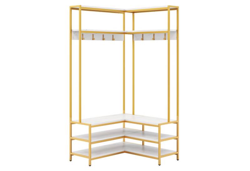 KOMFOTTEU Kleiderständer, L-förmiger Garderobenständer mit Sitzbank, 7 Haken & Ablageflächen von KOMFOTTEU