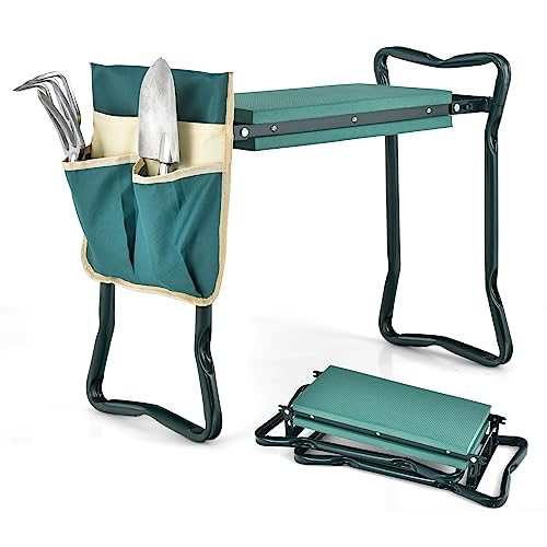 KOMFOTTEU Kniebank, Faltbarer Gartenhocker mit Schaummatte und 2 Werkzeugtasche, Gartenbank für Knieschutz, 58cm x 28cm x 13/49cm, für Gartenarbeit (Mit 2 großen Werkzeugtaschen) von KOMFOTTEU