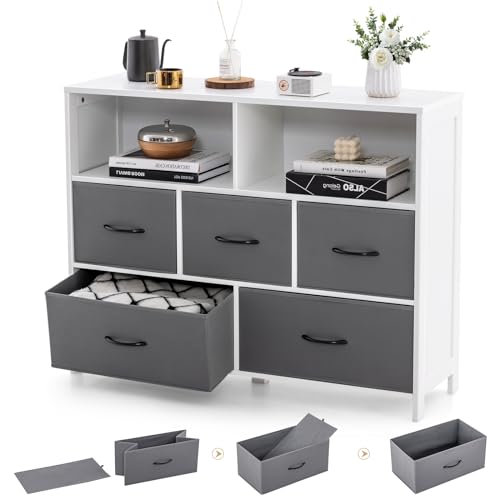 KOMFOTTEU Kommode mit 5 Schubladen, Beistellschrank Aufbewahrungsschrank mit offenen Regalen & 5 klappbaren Stoffschubladen, Schubladenschrank Sideboard 100 x 30 x 78 cm von KOMFOTTEU