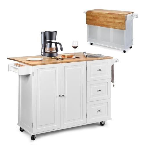 KOMFOTTEU Kücheninsel mit Arbeitsplatte, Küchenwagen freistehend aus Holz, Servierwagen mit Handtuchhalter, Kücheninselwagen & Kitchen Island 136x76x91cm, Weiß KOMFOTTEU Kücheninsel mit Arbeitsplatte, Küchenwagen freistehend aus Holz, Servierwagen mit Handtuchhalter, Kücheninselwagen & Kitchen Island 136x76x91cm, Weiß von KOMFOTTEU