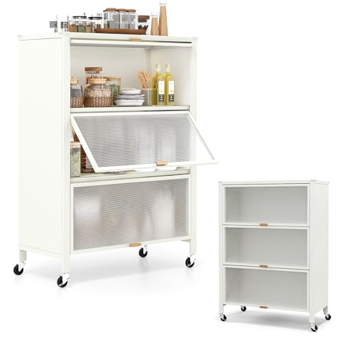 KOMFOTTEU Küchenregal mit 4 Ebenen, Schrank mit 4 Rollen und transparenten Klapptüren, Aufbewahrungsschrank aus Metall mit Kippsicherung für Esszimmer, 81 x 37 x 115 cm KOMFOTTEU Küchenregal mit 4 Ebenen, Schrank mit 4 Rollen und transparenten Klapptüren, Aufbewahrungsschrank aus Metall mit Kippsicherung für Esszimmer, 81 x 37 x 115 cm von KOMFOTTEU