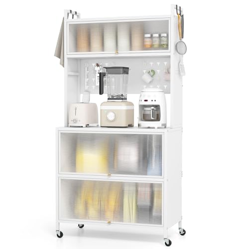 KOMFOTTEU Küchenschrank mit 5/6 Ebenen, Sideboard mit 4 Haken & 10 Dübeln, Buffetschrank mit Arbeitsplatte & Schränken, Küchenbuffet mit 4 Universalrollen (80 x 40 x 160 cm, Weiß) von KOMFOTTEU