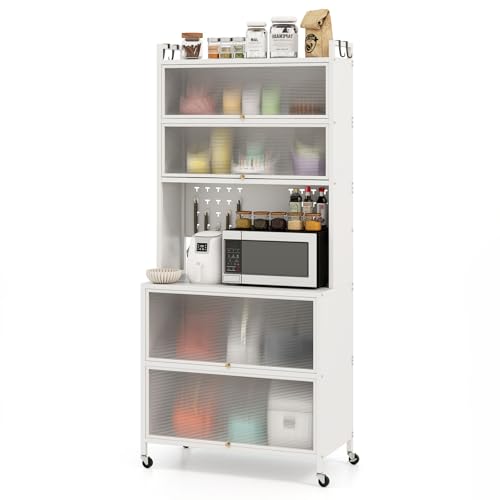 KOMFOTTEU Küchenschrank mit 5/6 Ebenen, Sideboard mit 4 Haken & 10 Dübeln, Buffetschrank mit Arbeitsplatte & Schränken, Küchenbuffet mit 4 Universalrollen (80 x 40 x 178 cm, Weiß) von KOMFOTTEU