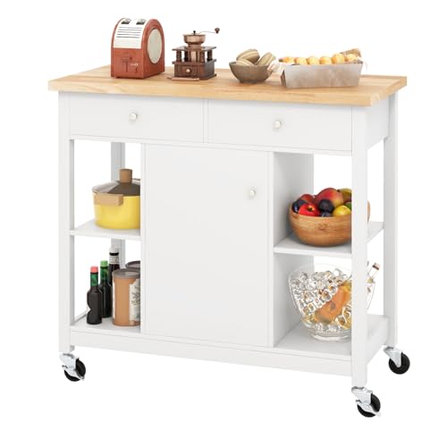 KOMFOTTEU Küchenwagen Servierwagen Holz, Mobile Kücheninsel mit Arbeitsplatte& 2 Schubladen & Türschrank, Rollwagen Küchentrolley 99 x 46 x 90cm (Weiß) von KOMFOTTEU
