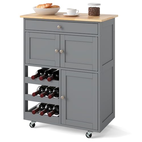 KOMFOTTEU Küchenwagen auf Rollen, Kücheninsel mit Weinregal & 2 Schränke & Schublade, Servierwagen aus Holz, Küchenrollwagen mit Arbeitsplatte, Küchentrolley für Küchen Esszimmer (Grau) von KOMFOTTEU
