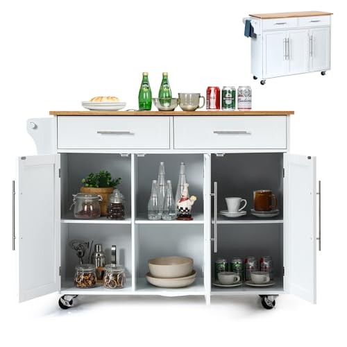 KOMFOTTEU Küchenwagen auf Rollen, Servierwagen Holz mit Arbeitsplatte, Kücheninsel mit Schubladen Handtuchhalter & verstellbaren Ablagen, Küchenschrank Beistellwagen Mobile 122X46X92 cm (Weiß) von KOMFOTTEU
