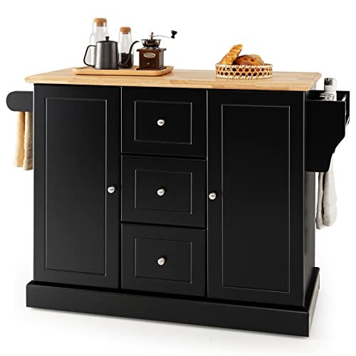 KOMFOTTEU Küchenwagen aus Eichenholz mit 2 Schränken und 3 Schubladen, Schrank mit 5 Rollen und Metallscharnieren, Kücheninsel für Wohnzimmer und Esszimmer (schwarz) von KOMFOTTEU