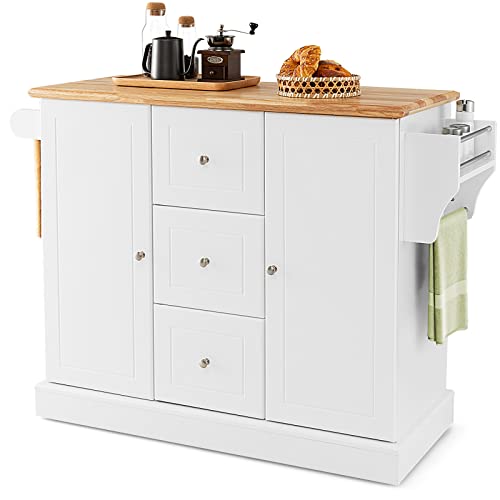 KOMFOTTEU Küchenwagen aus Eichenholz mit 2 Schränken und 3 Schubladen, Schrank mit 5 Rollen und Metallscharnieren, Kücheninsel für Wohnzimmer und Esszimmer (weiß) von KOMFOTTEU