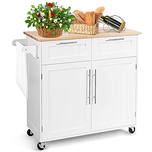 KOMFOTTEU Küchenwagen mit Arbeitsplatte, Kücheninsel mit Rollen, Servierwagen mit 2 Schubladen und Türen, Rollwagen große aus Holz, Küchentrolley 94 x 45,5 x 94,5 cm (Weiß) von KOMFOTTEU