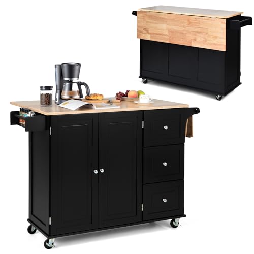 KOMFOTTEU Küchenwagen mit klappbarem Arbeitsplatte, Kücheninsel Holz, Servierwagen mit 3 Schubladen, Küchenschrank mit Rollen, Küchentrolley Kücheninselwagen Schwarz 136 x 43 x 91 cm von KOMFOTTEU