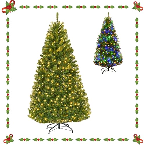 KOMFOTTEU Künstlicher Weihnachtsbaum mit LED Beleuchtung, Tannenbaum Grün aus PVC Nadeln, Christbaum mit Klappbarem Metallständer, Christemas Tree 11 Lichtmodi /5 Farbwechsel (150 cm) von KOMFOTTEU