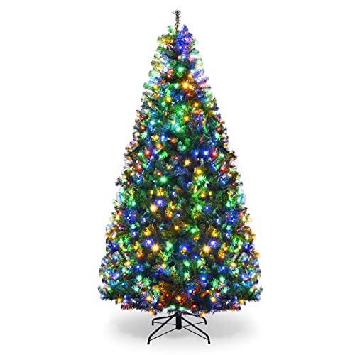 KOMFOTTEU Künstlicher Weihnachtsbaum mit LED Beleuchtung, Tannenbaum Grün aus PVC Nadeln, Christbaum mit Klappbarem Metallständer, Christemas Tree 11 Lichtmodi /5 Farbwechsel (210 cm) von KOMFOTTEU