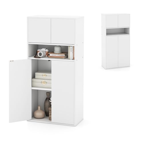 KOMFOTTEU Mehrzweckschrank Weiß, Vorratsschrank Hochscrank mit verstellbarem Regal, Bücherregal mit Türen, Bücherschrank Aufbewahrungsschrank 54 x 30 x 112 cm für Wohnzimmer Bad Büro von KOMFOTTEU