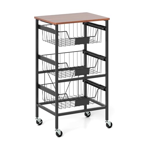 KOMFOTTEU Gemüseregal auf Rollen, Mobiler Obstkorb Metall, Gemüse Aufbewahrung Obstschale mit Holzoberfläche, Brotkorb Aufbewahrungsregal, Rollwagen Küchenwagen (42x31x74 cm) von KOMFOTTEU