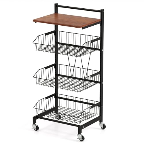 KOMFOTTEU Gemüseregal auf Rollen, Mobiler Obstkorb Metall, Gemüse Aufbewahrung Obstschale mit Holzoberfläche, Brotkorb Aufbewahrungsregal, Rollwagen Küchenwagen (42x31x88 cm) von KOMFOTTEU