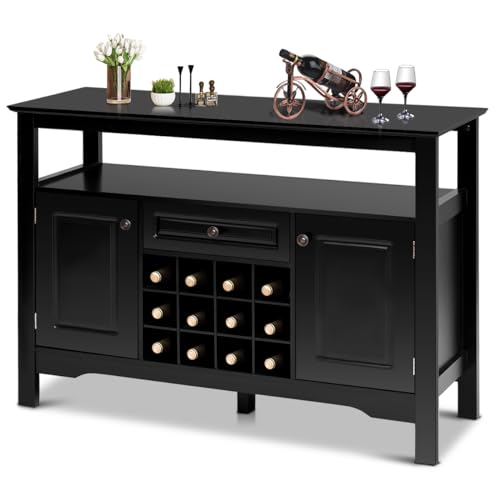 KOMFOTTEU Sideboard Küchenschrank mit Weinflaschen, Buffetschrank Weinschrank Holz, Beistellschrank Küche Kommode 117×40,5×85,5cm für Wohnzimmer Küche Esszimmer (Schwarz) von KOMFOTTEU