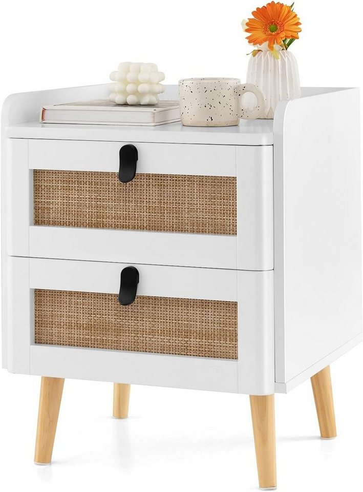 KOMFOTTEU Nachttisch Nachtkommode, mit 2 Schubladen, Metallgriffen & Rattan-Design von KOMFOTTEU
