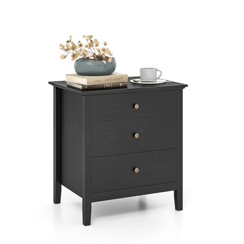 KOMFOTTEU Nachttisch mit 3 Schublade, Beistelltisch Nachtkonsole 60,5 x 45,5 x 65,5 cm, Sofatisch Nachtkommode für Wohnzimmer, Schlafzimmer (Schwarz) von KOMFOTTEU