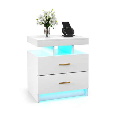 KOMFOTTEU Nachttisch mit LED-Beleuchtung in 20 statische Farben und 21 dynamische Modi, Besitelltisch mit 2 Schubladen, Nachtschrank inkl. Fernbedienung, 50 x 40 x 58 cm (1, Weiß) von KOMFOTTEU