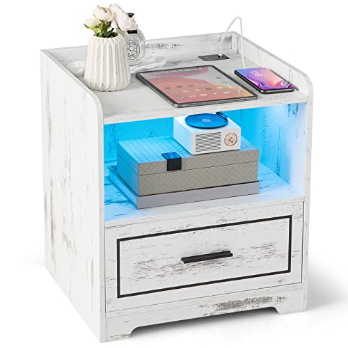 KOMFOTTEU Nachttisch mit verstellbare LED, Nachtkommode mit Ladefunktion USB/Type-C, Nachtschrank aus Holz mit Fach & Schublade, Smart Tabel 45x40x50cm (1, Weiß) von KOMFOTTEU