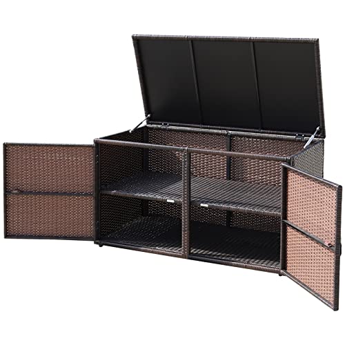 KOMFOTTEU Rattan Auflagenbox, Aufbewahrungstruhe mit Doppeltüren und Deckel, 2 stöckiger Gärtnerschrank, langlebige Aufbewahrungsbox, Aufbewahrungsbehälter für Garten, Hof(Braun) von KOMFOTTEU