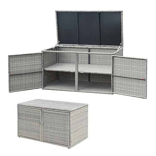 KOMFOTTEU Rattan Auflagenbox, Aufbewahrungstruhe mit Doppeltüren und Deckel, 2 stöckiger Gärtnerschrank, langlebige Aufbewahrungsbox, Aufbewahrungsbehälter für Garten, Hof(Grau) von KOMFOTTEU