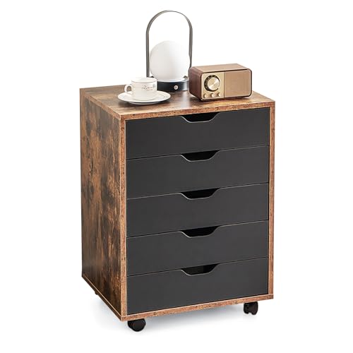 KOMFOTTEU Rollcontainer mit Schubladen, mobiler Aktenschrank Schubladenschrank mit Räder, Bürowagen Druckerständer weiß, Büroschrank für Akten, Dokumente, 49x42x66cm (Rustikales Braun) von KOMFOTTEU