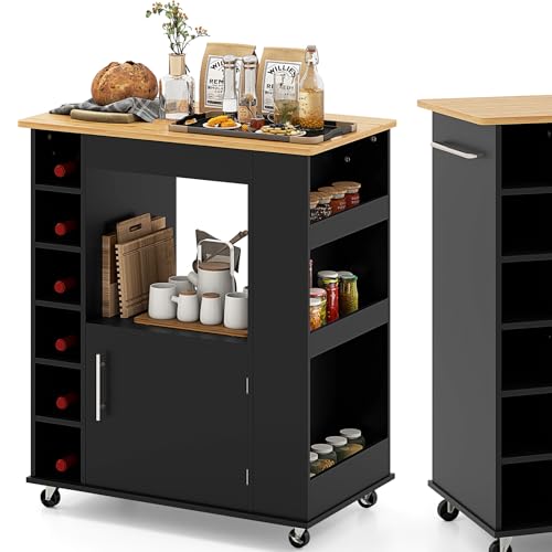 KOMFOTTEU Servierwagen Küchenwagen, Küchen Rolleahen mit Arbeitsplatte & 6 Flaschen Weinregal, Allzweckwagen Holz Küchenschrank auf Rollen für Küche Esszimmer Bar (Schwarz) von KOMFOTTEU