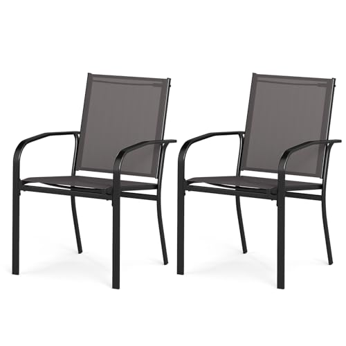 KOMFOTTEU Set mit 2 stapelbaren Gartenstühlen, Outdoor-Stühle aus Textilene mit Metallrahmen, Esszimmerstuhl mit hoher Rückenlehne und Armlehnen, Belastung 150 kg, 58 x 61 x 89 cm, Grau (2) von KOMFOTTEU