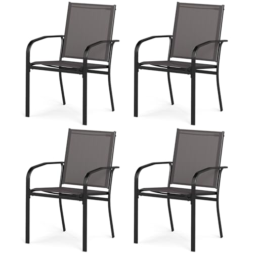 KOMFOTTEU Set mit 2 stapelbaren Gartenstühlen, Outdoor-Stühle aus Textilene mit Metallrahmen, Esszimmerstuhl mit hoher Rückenlehne und Armlehnen, Belastung 150 kg, 58 x 61 x 89 cm, Grau (4) von KOMFOTTEU