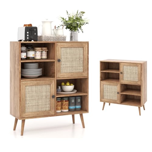 KOMFOTTEU Sideboard Anrichte mit 2 Türen aus Rattan, Buffet Beistellschrank Holz, Kommode Aufbewahrungsschrank mit offene Ablage, Küchenschrank Standschrank 80x29,5x97 cm von KOMFOTTEU