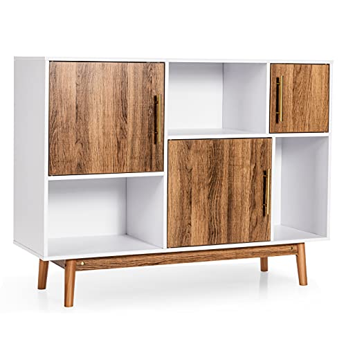 KOMFOTTEU Sideboard Holz, Buffetschrank mit 6 Fächern, Aufbewahrungsschrank mit Metallgriffen & Kippsicherung, Beistellschrank 95×31×76 cm, Kommode für Wohnzimmer, Küche (Weiß + Braun) von KOMFOTTEU