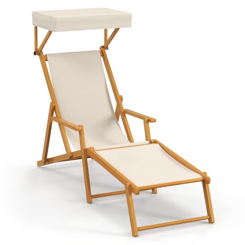 KOMFOTTEU Sonnenliege aus Birkenholz, Strandliege klappbar mit neigbarem Dach, Gartenliege mit verstellbaren Rückenlehne & Fußstütze, Liegestuhl Relaxliege tragbar für Strand, Terrasse, Garten von KOMFOTTEU