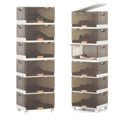 KOMFOTTEU Stapelbare Schuhboxen mit 5/6 Ebenen, Aufbewahrungsbox mit Klapptüren und feststellbaren Rollen, Große Stapelboxen Ordnungsbox Kunststoffbox für Zuhause Büro (6 Schubladen) von KOMFOTTEU