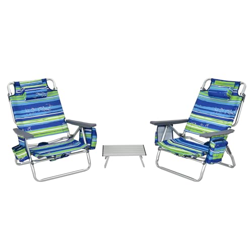 KOMFOTTEU Strandstühle klappbar mit Tisch, Campingstühle mit Kopfstütze & Verstellbarer Rückenlehne, Beachchair mit Eisbeutel & Getränkehalter & Aufbewahrungstasche, Klappstuhl bis 136 kg (Blau) von KOMFOTTEU