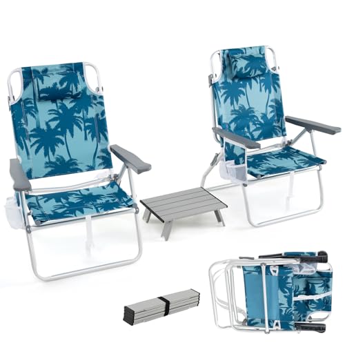 KOMFOTTEU Strandstühle klappbar mit Tisch, Campingstühle mit Kopfstütze & Verstellbarer Rückenlehne, Beachchair mit Eisbeutel & Getränkehalter & Aufbewahrungstasche bis 136/150 kg (Modell 2, Blau) von KOMFOTTEU
