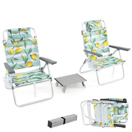 KOMFOTTEU Strandstühle klappbar mit Tisch, Campingstühle mit Kopfstütze & Verstellbarer Rückenlehne, Beachchair mit Eisbeutel & Getränkehalter & Aufbewahrungstasche bis 136/150 kg (Modell 2, Grün) von KOMFOTTEU