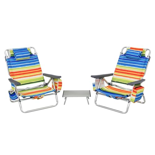 KOMFOTTEU Strandstühle klappbar mit Tisch, Campingstühle mit Kopfstütze & verstellbarer Rückenlehne, Beachchair mit Eisbeutel & Getränkehalter & Aufbewahrungstasche, Klappstuhl bis 136 kg (Mehrfarbig) von KOMFOTTEU