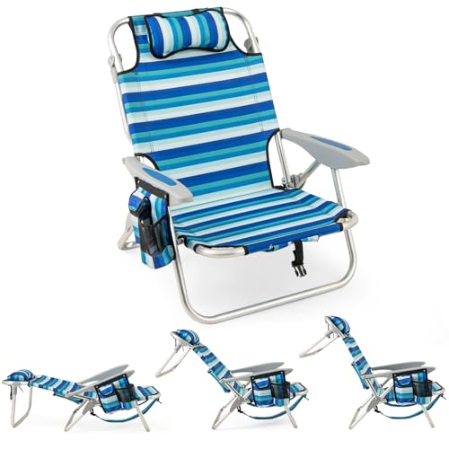 KOMFOTTEU Strandstuhl, faltbar, Campingstuhl mit verstellbarer Rückenlehne, Kopfstützen, Taschen und Armlehnen, tragbare Outdoorliege für Picknick, Angeln (1) von KOMFOTTEU