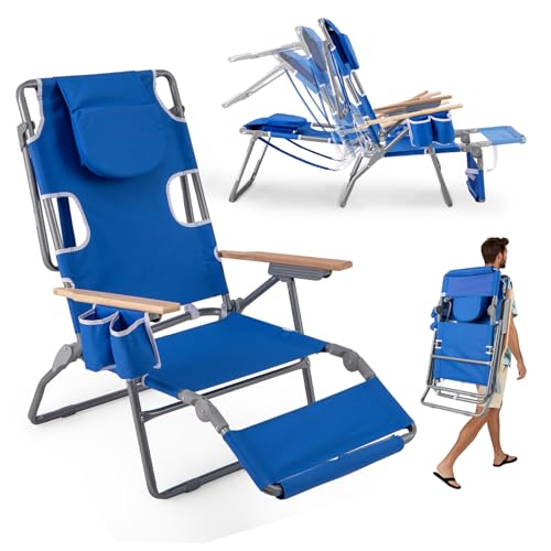 KOMFOTTEU Strandstuhl mit Gesichtsloch & 4-Fach Verstellbarer Rückenlehne, Campingstuhl klappbar mit Fußstütze in 2 Positionen, Sonnenliege Sonnenbad für Garten, Outdoor (Blau) von KOMFOTTEU