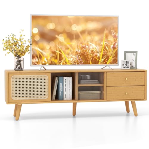 KOMFOTTEU TV-Schrank aus Bambus bis 65 Zoll, Fernsehtisch mit 2 Schubladen und 4 Fächern, Fernsehschrank mit Türen aus Rattan und Glas, 140 x 31 x 45,5 cm von KOMFOTTEU